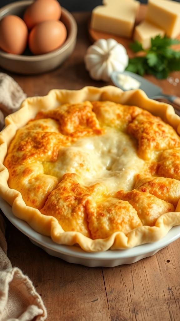 A golden flaky quiche crust in a pie dish, ready for filling, with fresh ingredients in the background.